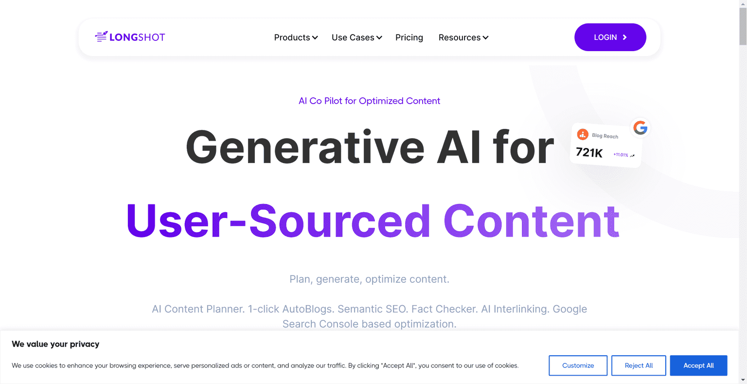 LongShot is an AI-driven content writing assistant that researches, generates, and optimizes high-quality long-form content. Blogging has never been so effortless.